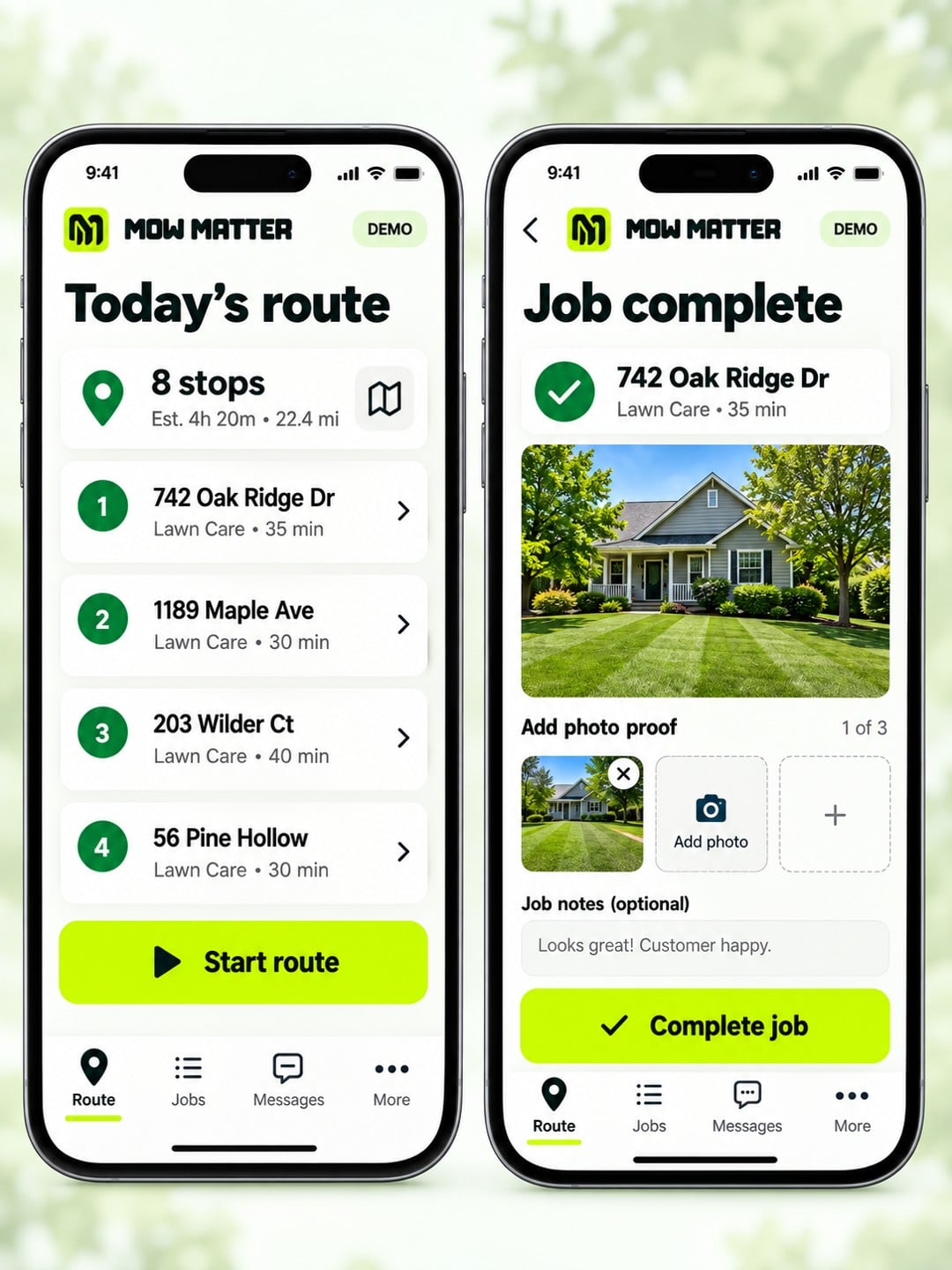 Demo crew app screens showing today’s route and a job completion photo